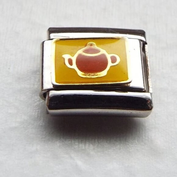 Brown teapot on yellow enamel 9mm stainless steel Italian charm bracelet link - Picture 1 of 2